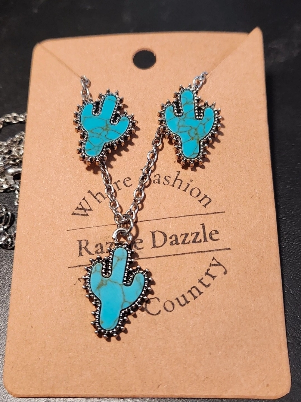 Turquoise Cactus Pendant Necklace and Earring Set - Turquoise